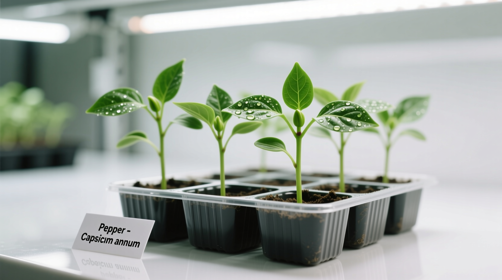 Healthy pepper seedlings in starter trays with grow lights