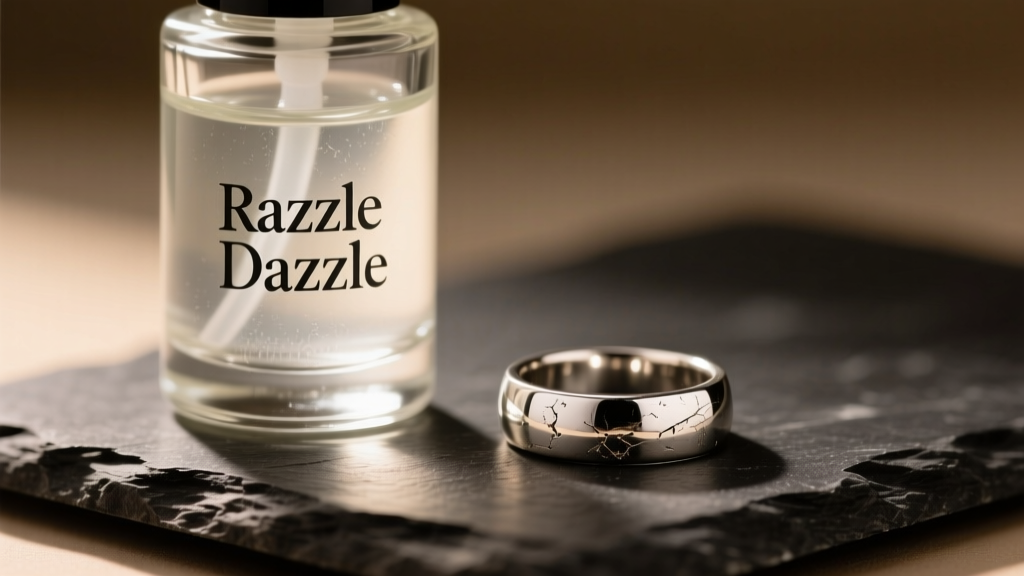 Glass bottle of Razzle Dazzle jewelry cleaner beside a tarnished sterling silver ring on dark slate, warm studio lighting, macro.