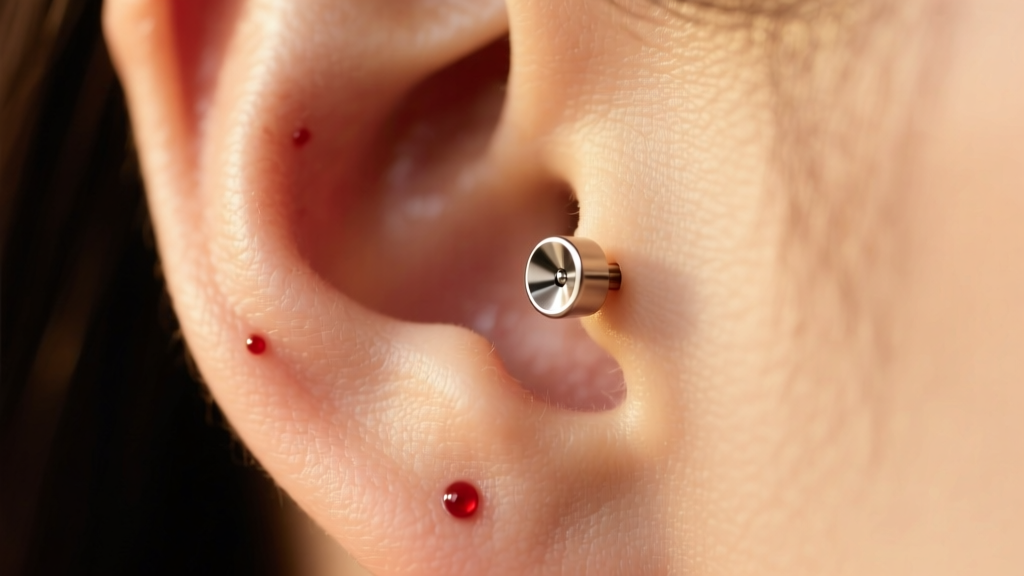 Close-up of a newly pierced earlobe wearing a simple bezel-set implant-grade titanium stud, bathed in soft warm studio lighting.