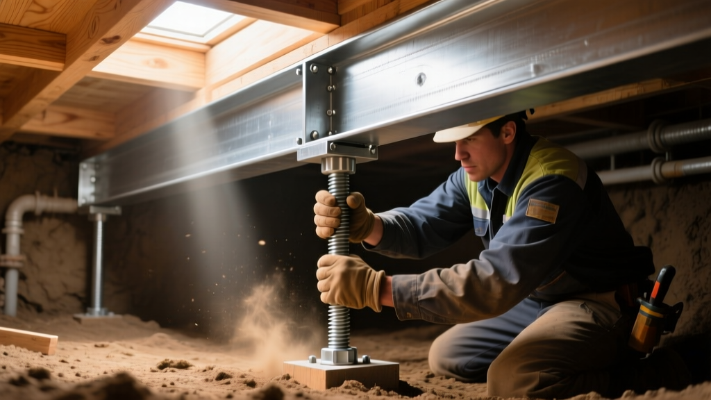 Structural contractor installing galvanized steel adjustable piers beneath a laminated veneer lumber beam in a dirt crawl space.