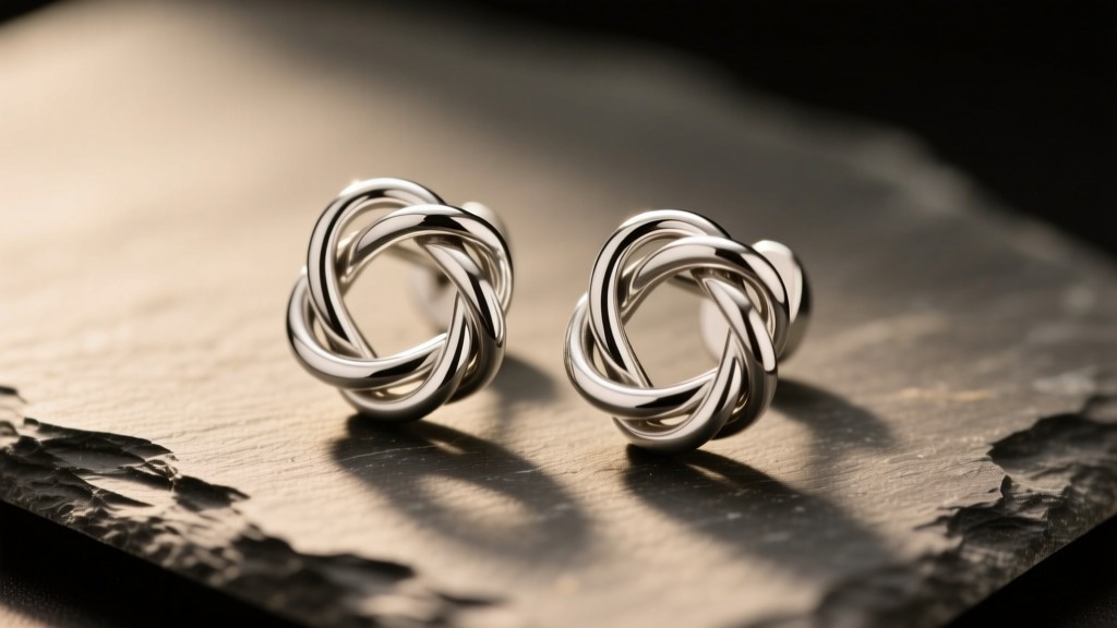 Close-up of sterling silver knot earrings on slate, showing overlapping wire loops and slight patina under warm studio lighting