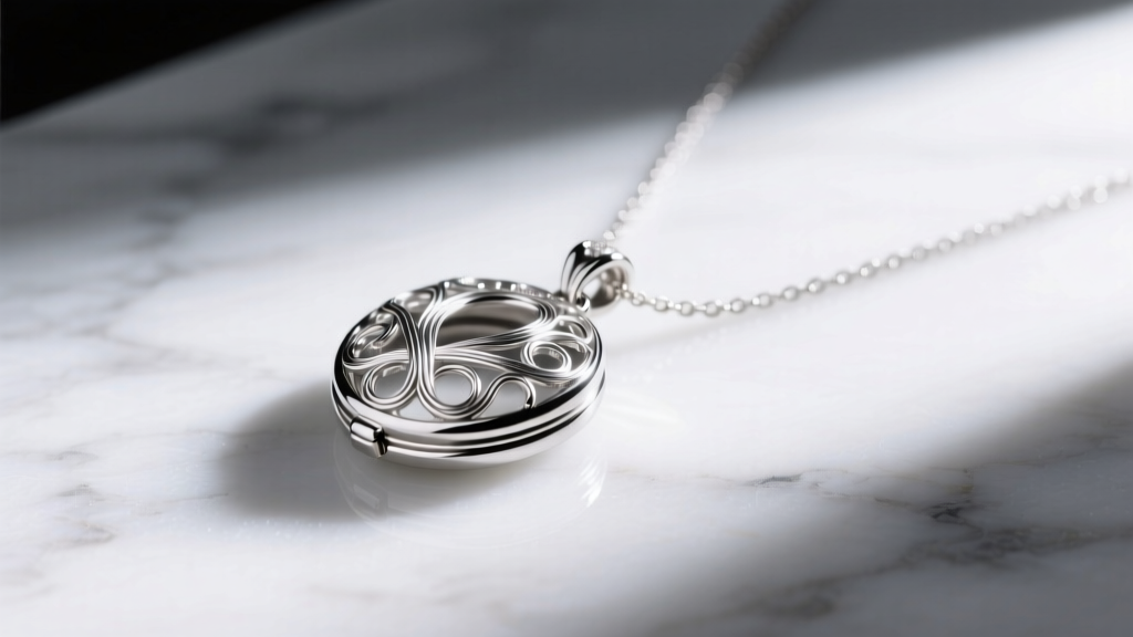 Platinum necklace filigree locket pendant on marble, showcasing high-contrast crisp white metal wirework without rhodium plating