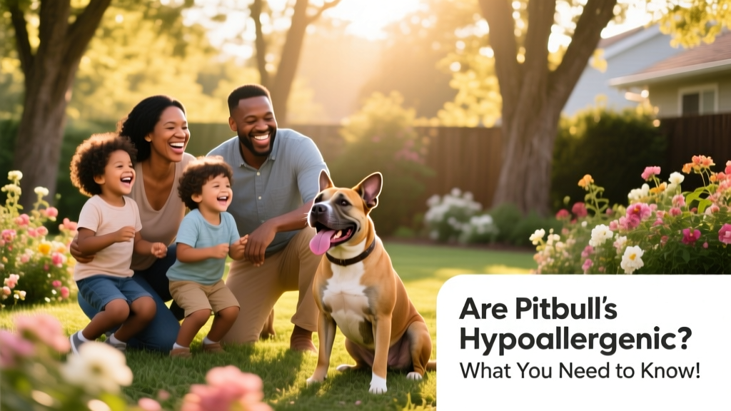 Happy family playing in a sunlit backyard with a Pitbull, all smiling—showing harmony between humans and dog despite allergy concerns