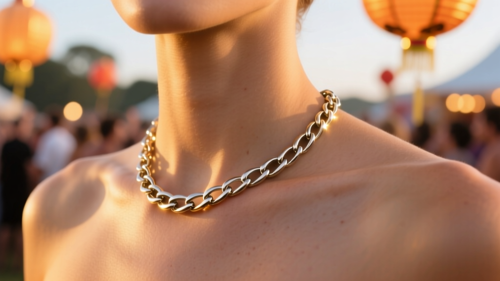 Close-up of a titanium chest chain draped over a collarbone, gleaming against sun-kissed skin in warm festival lighting.