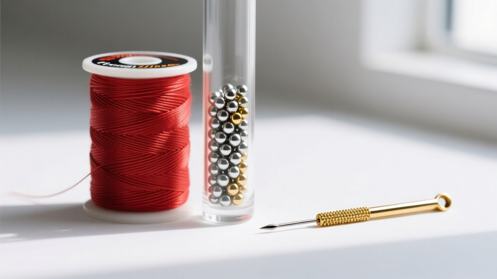 Spool of FireLine braided thread resting beside a glass tube of metallic 11/0 cylinder seed beads and a gold-eye beading needle.