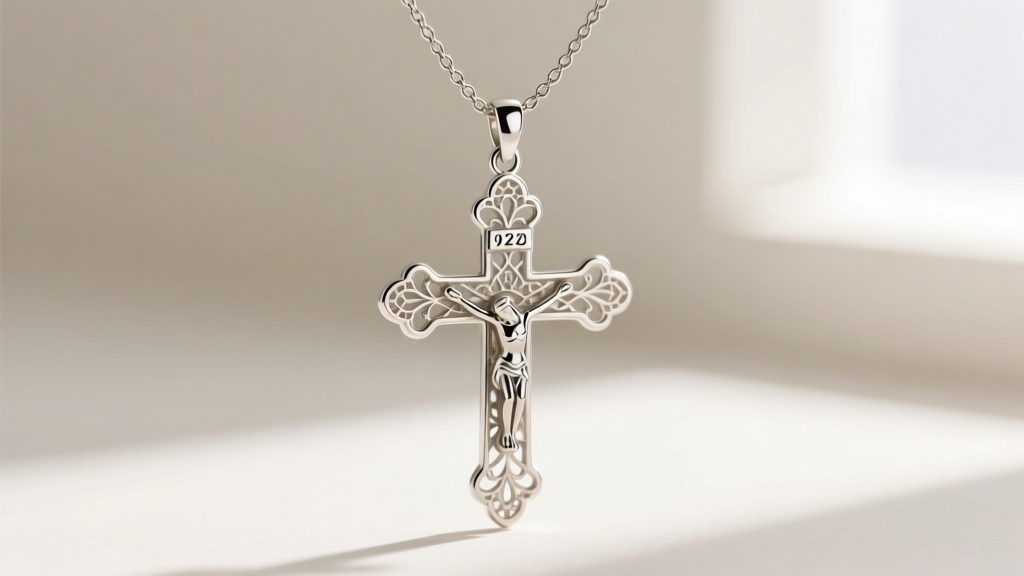 Macro photography of a 925 sterling silver crucifix pendant with intricate filigree attached to a 1.2mm box chain