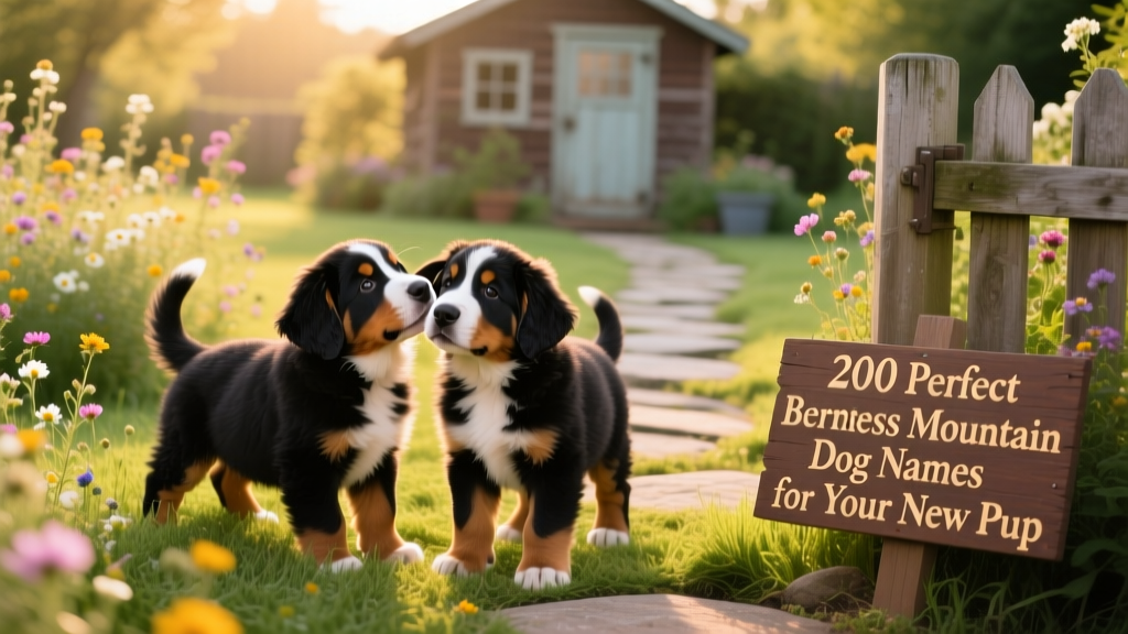 Two Bernese Mountain Dog puppies playing gently in a sunlit backyard