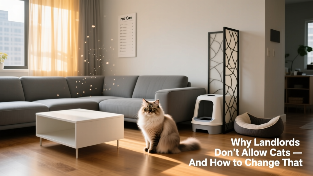 A well-groomed, calm cat sitting beside a tidy living room with scratch-resistant furniture and a clean litter box nearby
