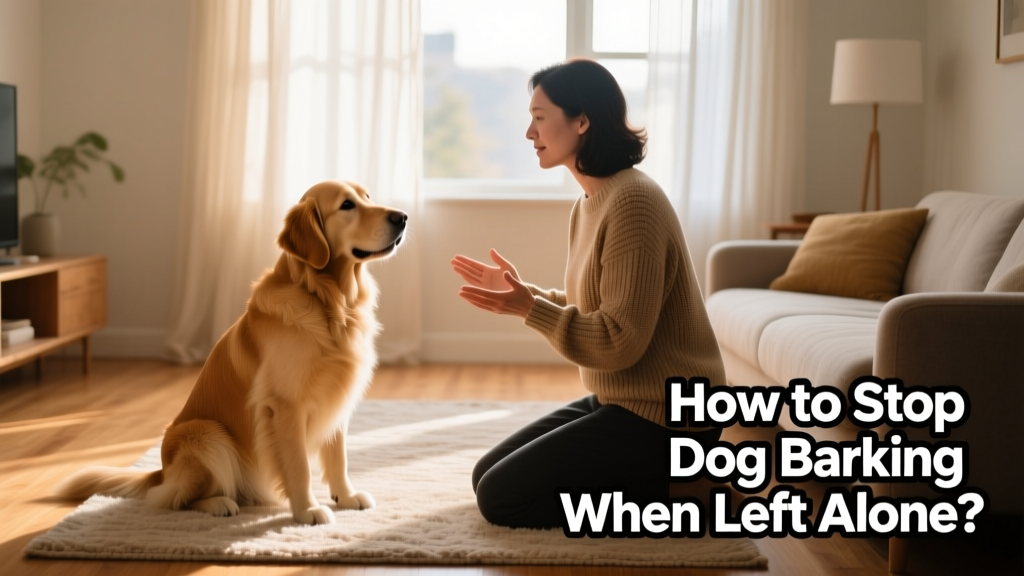 A dog trainer gently practicing a 'stay' command with a calm, focused dog in a quiet living room