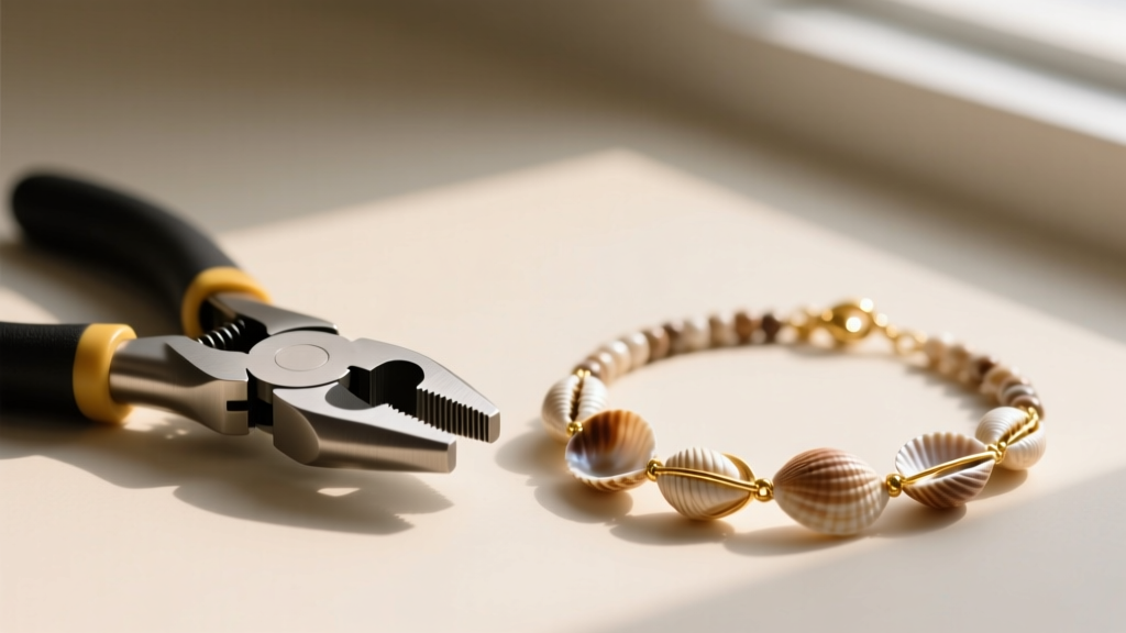 Macro shot of flush cutters and crimping pliers resting beside a partially assembled shell necklace with gold-filled clasps.