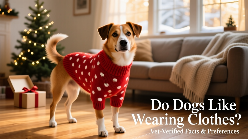 Dog wearing red christmas sweater