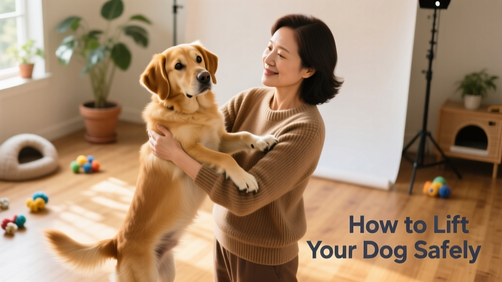 A person gently lifting a medium-sized dog using proper technique: one arm supporting the chest, the other cradling the hindquarters