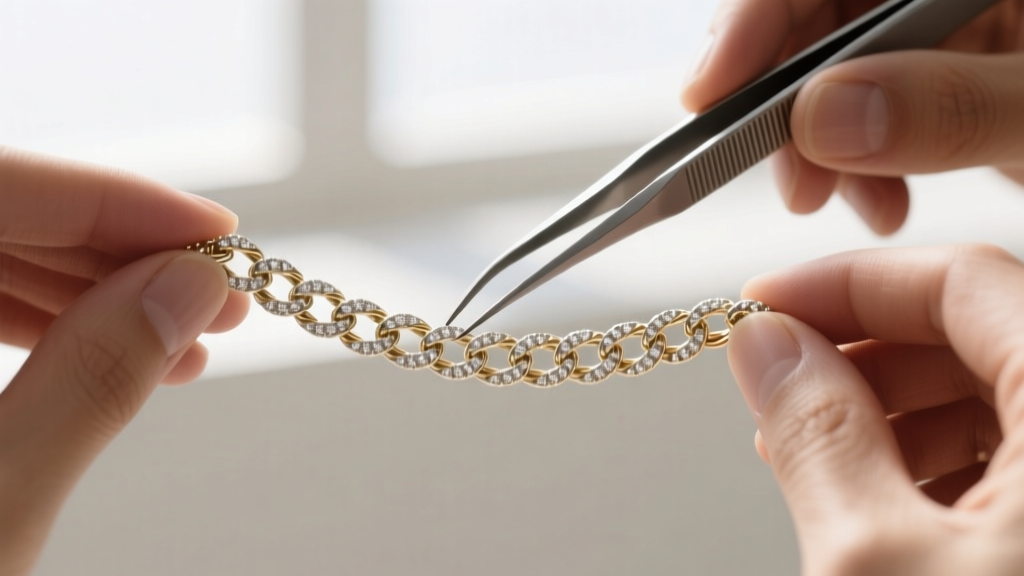Tweezers straightening a kinked Japanese white gold rope chain on a jeweler's bench mat, with a loupe and polishing cloth nearby.
