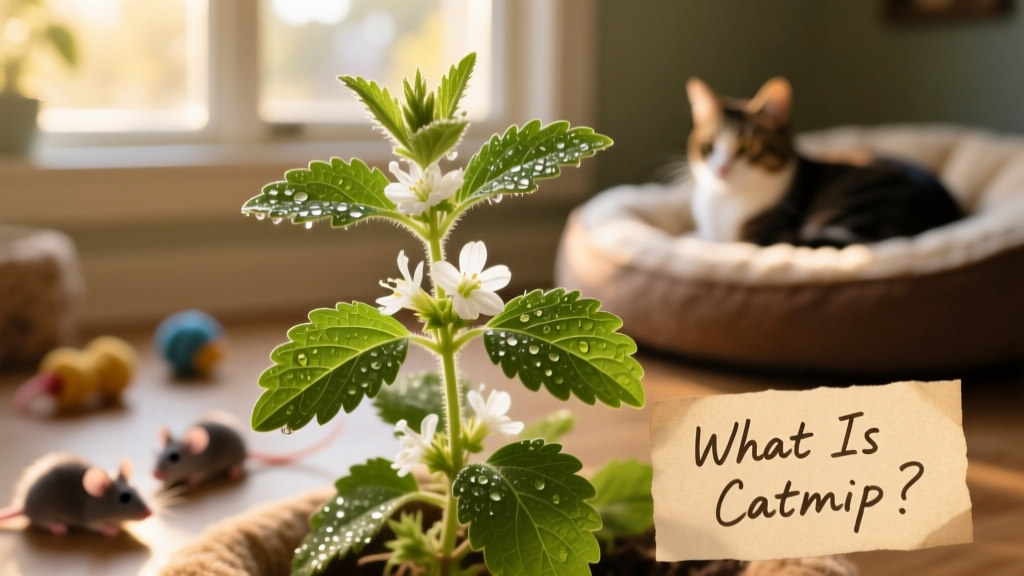 Close-up of fresh catnip leaves with delicate white flowers