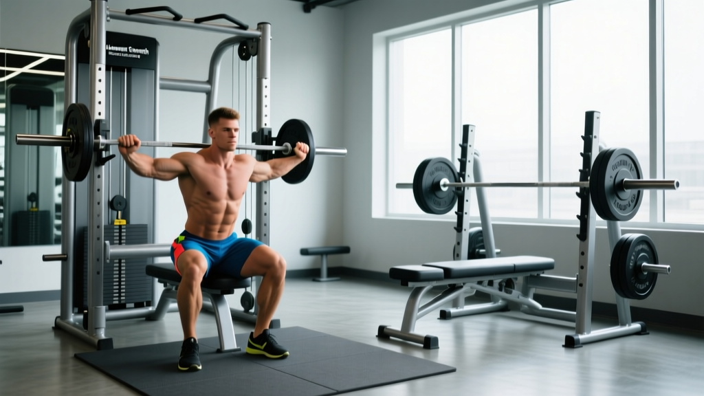 Lifter using a Hammer Strength Iso-Lateral Chest Press machine next to a traditional barbell bench press rack setup