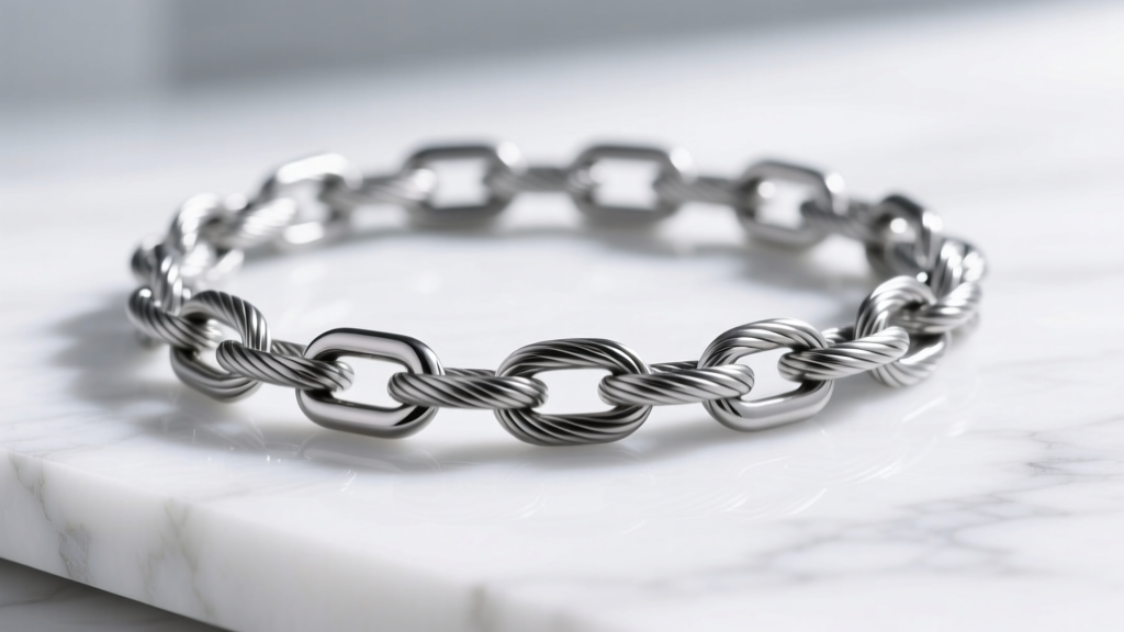 Macro photography of an ASTM F136 implant-grade titanium cable chain resting on a clean white marble surface in bright light
