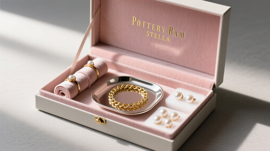 Open Pottery Barn Stella box showing blush velvet lining, ring rolls, and a tray holding gold chains and pearl stud earrings