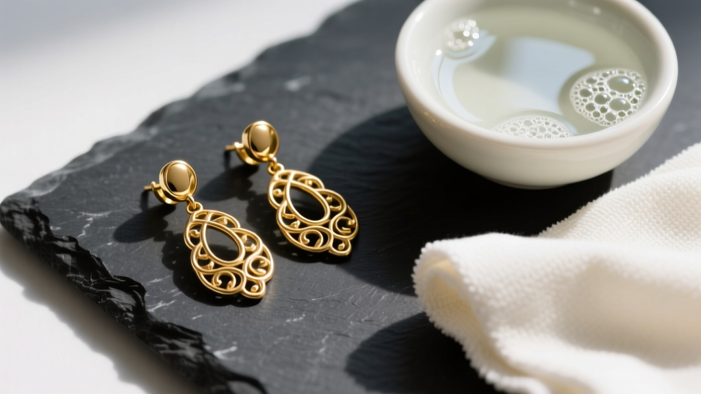 Overhead view of gold vermeil drop earrings on dark slate next to a microfiber cloth and a small ceramic bowl of mild soapy water.