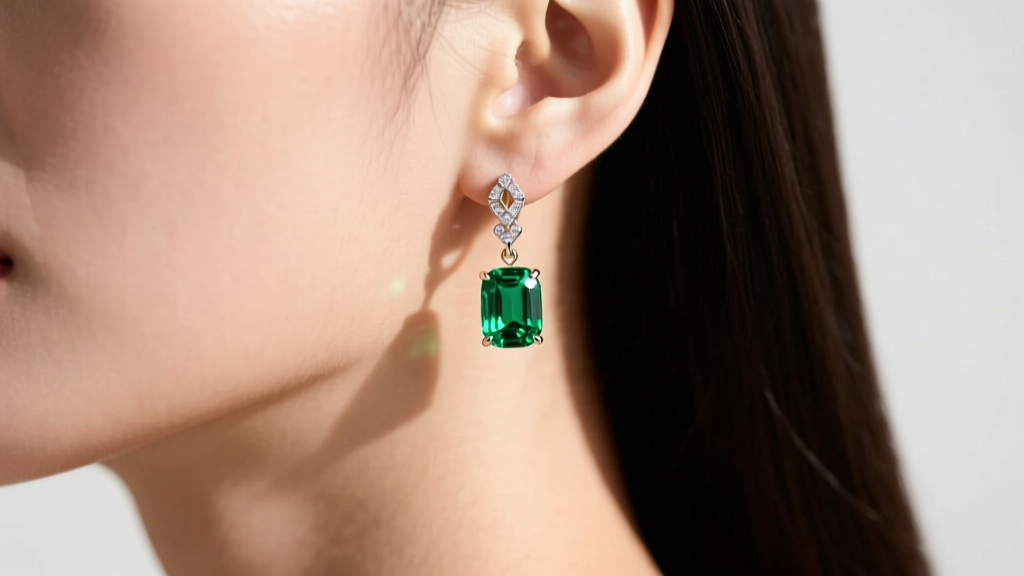 Close-up of an ear wearing 14k white gold lab created emerald drop earrings, highlighting the vivid green stone against soft skin.
