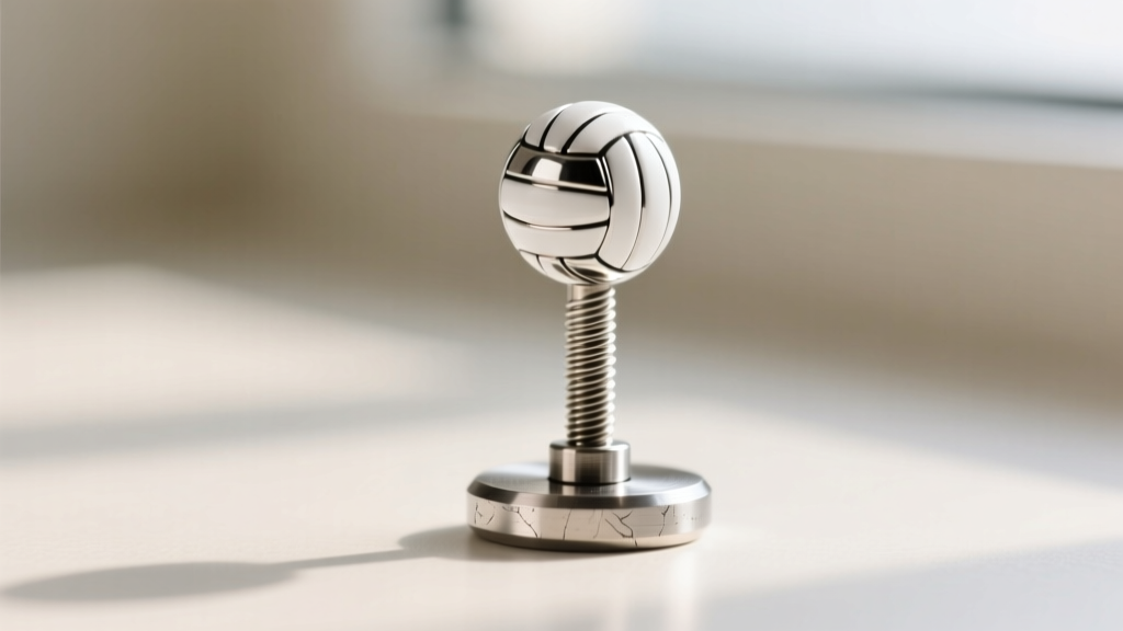 Macro of an 18-gauge titanium labret post with a volleyball charm, showing threading and polish on the flat metal base.