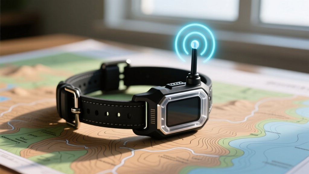 Close-up of a rugged GPS dog collar with a multi-constellation antenna resting on a topographic map, highlighting ultra-wideband tracking technology.