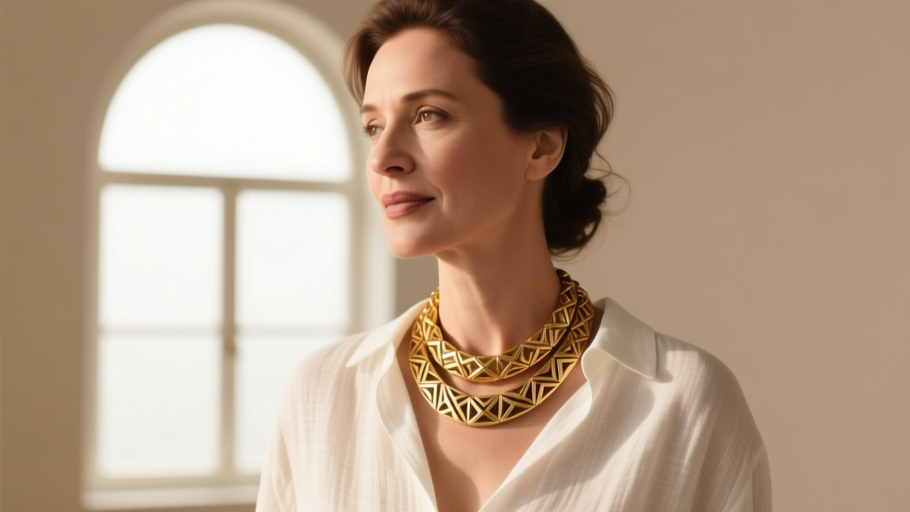 Studio portrait of a woman wearing a layered chunky gold necklace set over a white linen shirt, illuminated by soft window light.