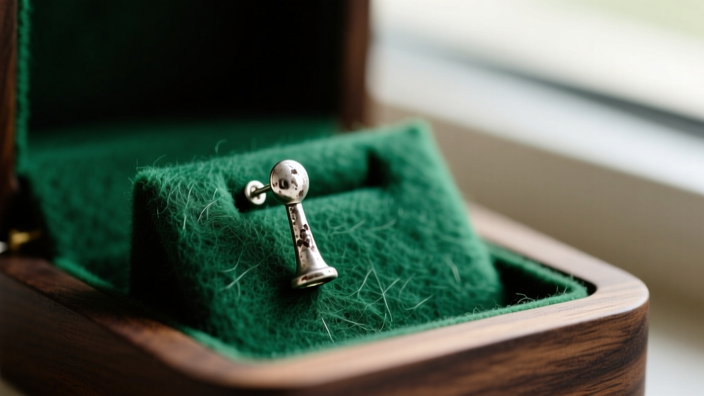 Macro shot of a tarnished sterling silver earring post resting on scratchy green felt inside a dark wooden cat earring display stand