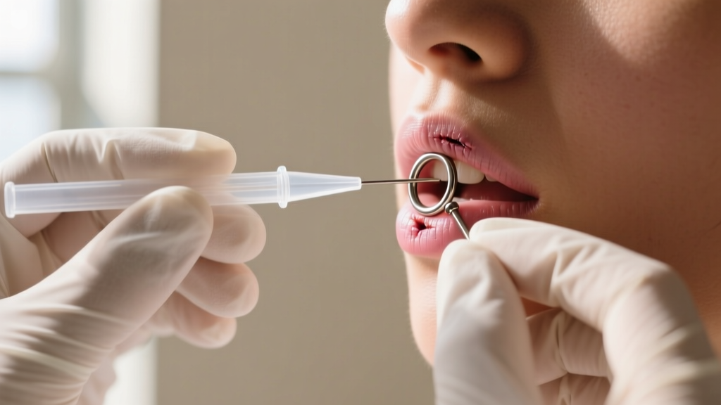 Gloved hands guiding a 14-gauge titanium hinged clicker ring through a healed lip piercing using a clear acrylic insertion taper