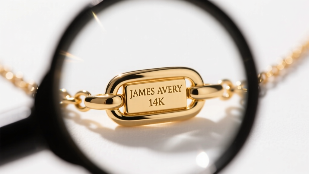 Macro shot of a jewelry loupe inspecting the tiny JAMES AVERY and 14K hallmarks stamped on a gold necklace lobster clasp