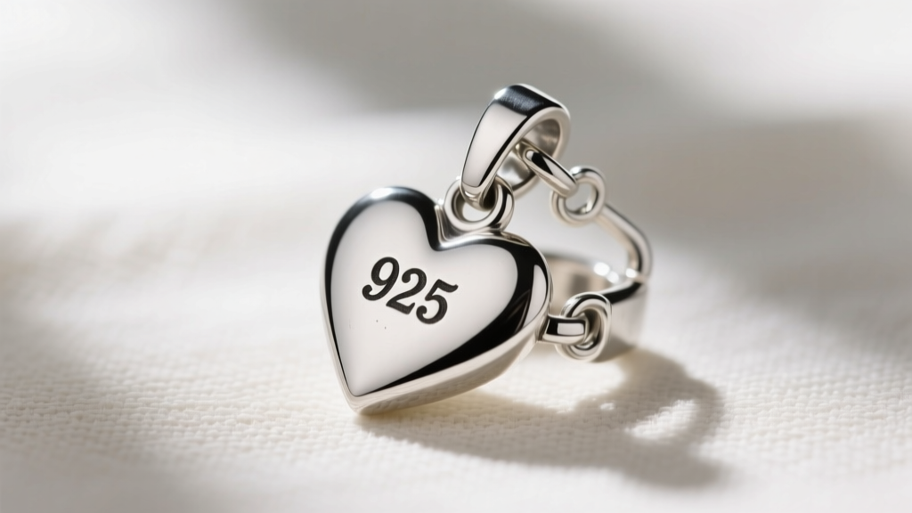 Macro shot of a sterling silver lucky heart pendant clasp, showing the 925 hallmark stamp and a secure lobster claw mechanism