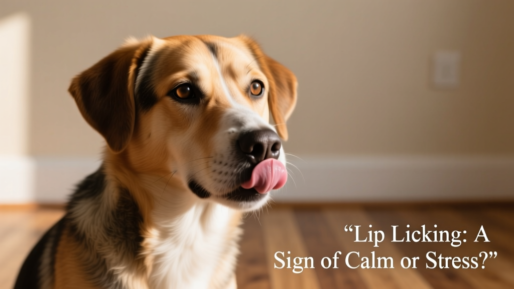 Close-up of a calm dog gently licking its lips in a neutral setting