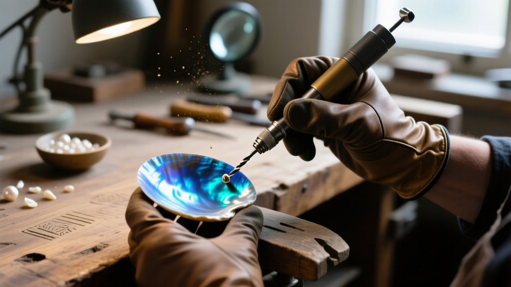 Jeweler drilling a 1mm hole in iridescent blue mother-of-pearl shell with a flex shaft tool on a rustic wooden workbench surface