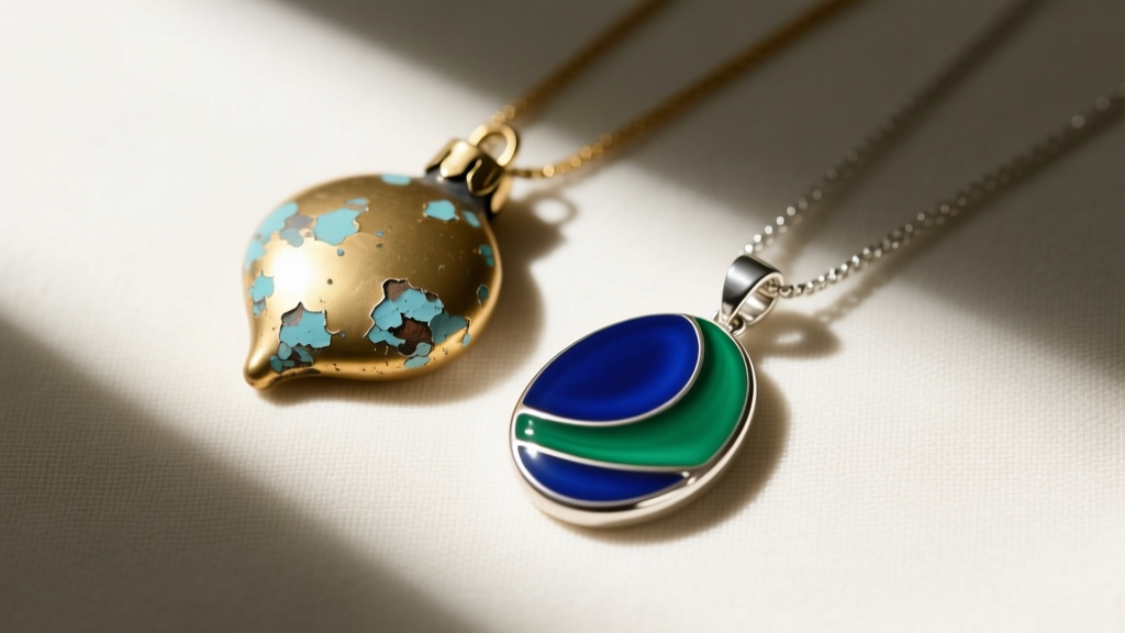 Flat lay comparing a cheap brass holiday pendant with chipped paint against a high-quality sterling silver vitreous enamel piece.
