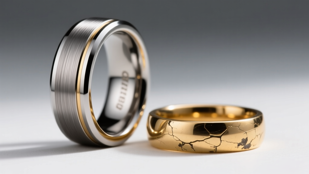 Macro shot of a brushed tungsten carbide mens band beside a scratched 14k gold ring, showing contrast in surface wear and patina.