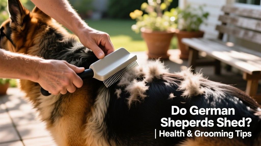 Close-up of hands using a FurPetVo de-shedding rake on a German Shepherd's flank during spring shedding season