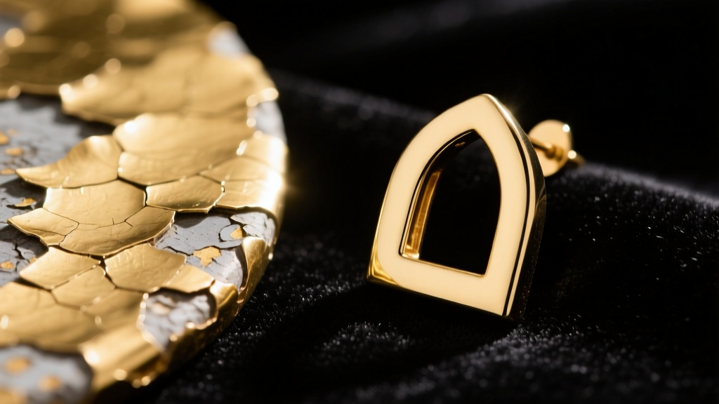 Close-up of flaking gold vermeil on brass next to a pristine solid 14k gold geometric arch earring resting on dark velvet