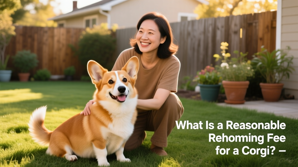 A cheerful, healthy Corgi sitting beside a friendly adult, illustrating a positive rehoming transition
