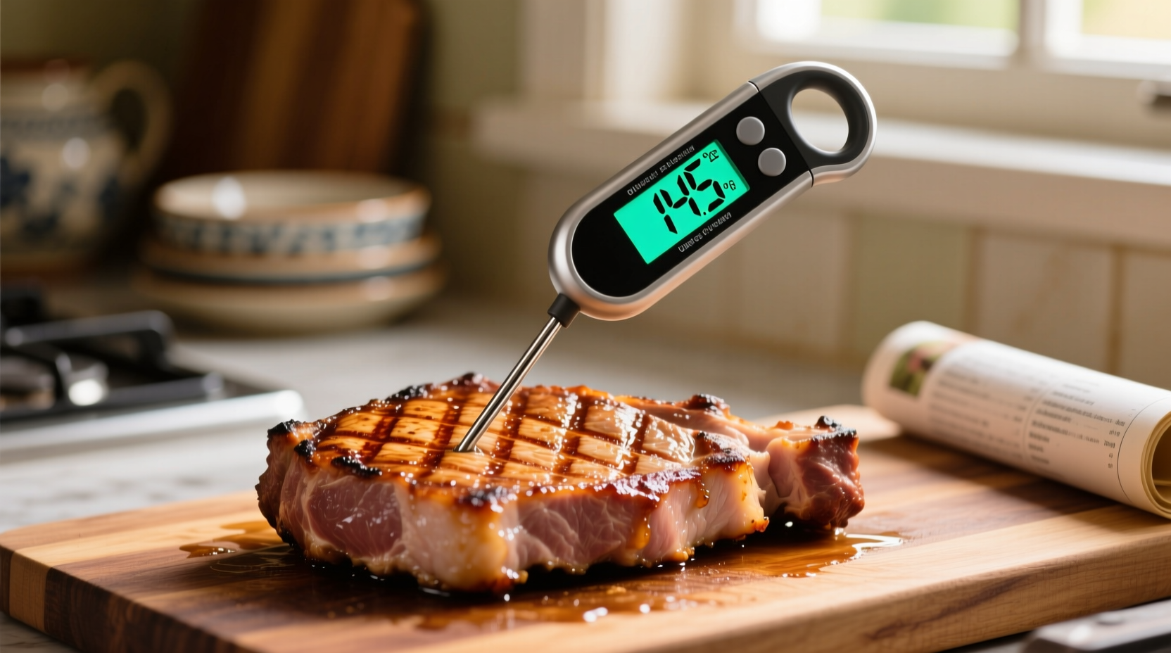 Digital meat thermometer showing 145 degrees in pork chop