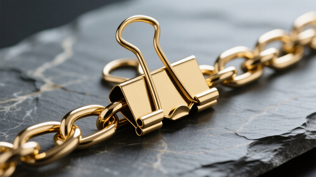 Close-up of an 18k gold plated brass paperclip chain on slate, showing the mirror finish and secure lobster clasp.