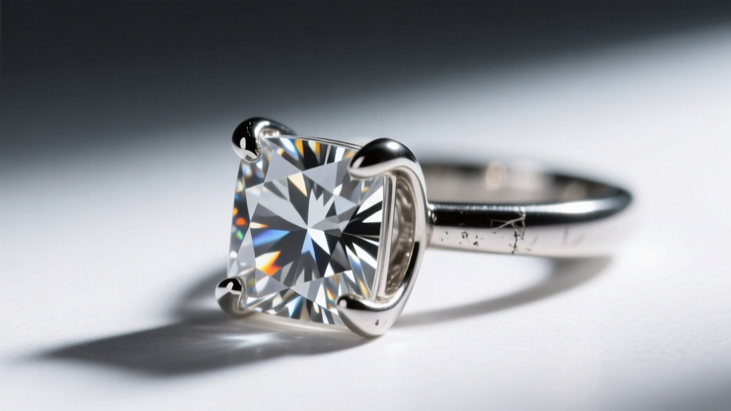 Extreme close-up of a V-prong setting securing the sharp corner of a square diamond earring, highlighting the metal wear and tear.