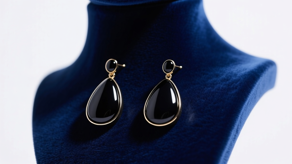 Black azabache teardrop earrings resting on a velvet bust, illuminated by soft directional studio lighting.