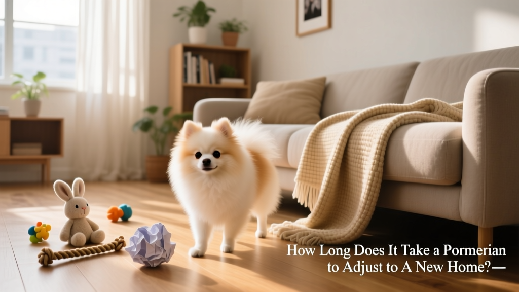 A calm Pomeranian exploring a sunlit living room with a soft blanket and toys nearby