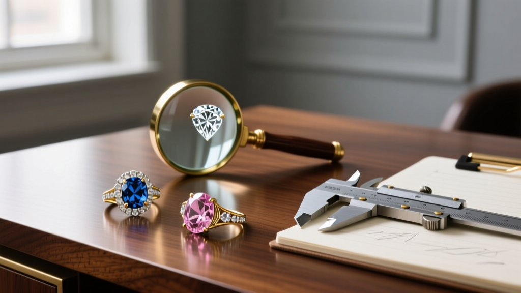 Antique diamond rings, a loupe, and calipers on a desk, showing the appraisal process for high-value estate collateral loans