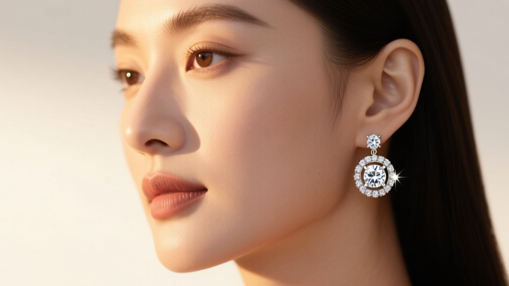 Close-up profile of a woman wearing 2-carat diamond halo drop earrings, soft warm lighting highlighting the pavé diamond accents.