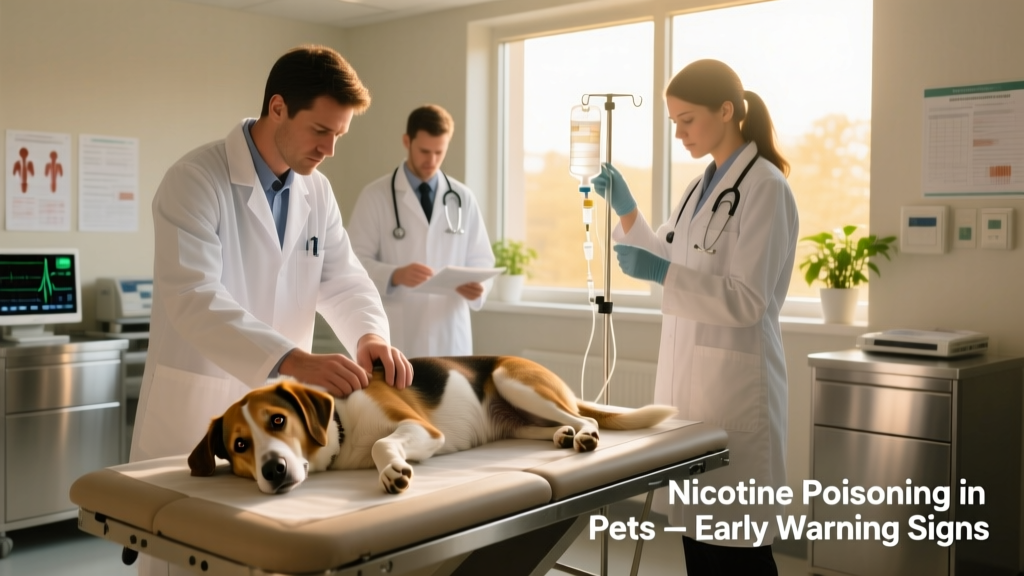 Veterinary team administering supportive care to a dog showing early signs of nicotine toxicity