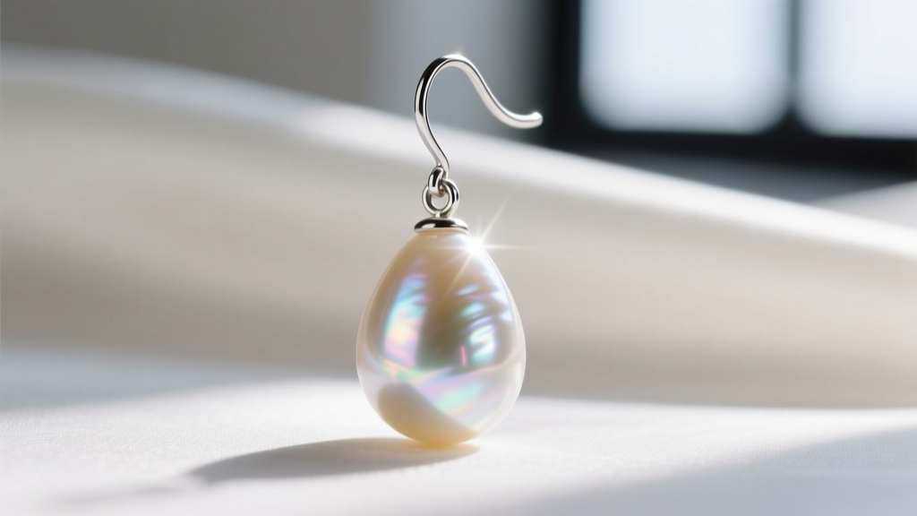 Close-up of a 14mm teardrop pearl drop earring on a woman's ear, lit by dramatic chiaroscuro lighting against a dark background.