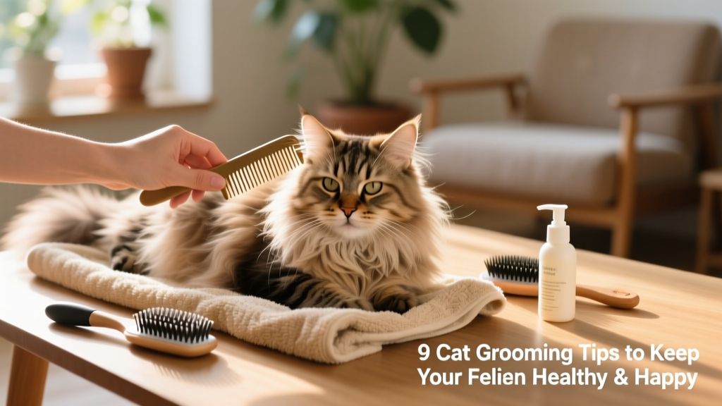 Person gently combing a fluffy long-haired cat on a soft towel, with grooming tools nearby