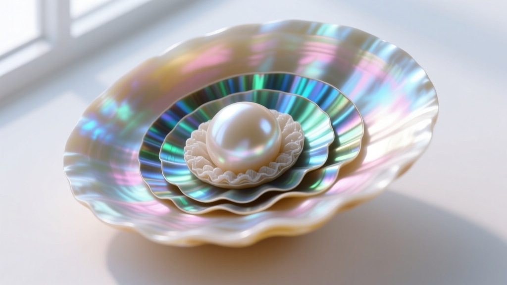 Scientific cross-section of a Pinctada maxima pearl showing thick aragonite nacre layers over a mother-of-pearl bead nucleus.