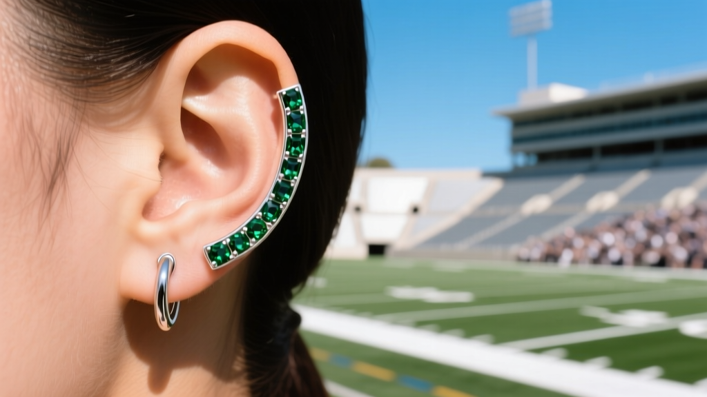 Side profile of an ear wearing a 16-gauge silver cartilage cuff with small midnight green crystals in a bright stadium setting