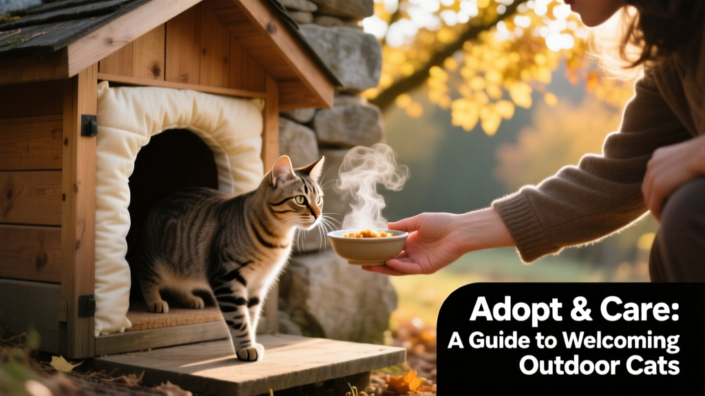 A person gently offering food to a cautious outdoor cat near a warm, insulated shelter entrance